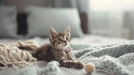 Adorable kitten playing with a string toy on a bed, with soft pillows and blankets creating a cozy and inviting backdropの素材