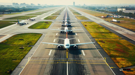 Airport runway with airplanes lined up for takeoff, illustrating the bustling activity and organization of air travel infrastructureの素材