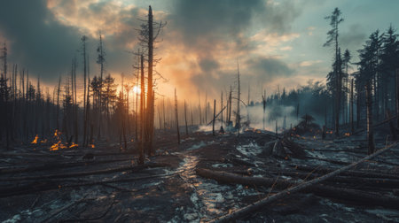 Burnt landscape and charred trees in a forest fire aftermath, illustrating the ecological impact and regeneration process after wildfiresの素材