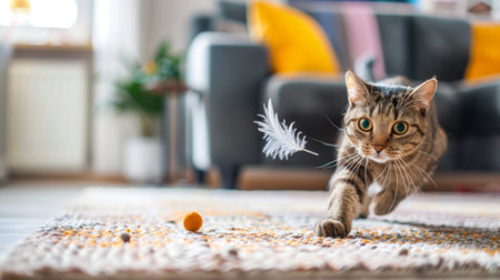 Cat chasing after a feather toy in a bright, modern living room, with sleek furniture and stylish decor setting the scene for playful indoor anticsの素材
