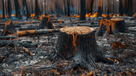 Burned tree stumps and ash-covered ground in a forest fire aftermath, illustrating the long-term ecological impact of wildfiresの素材