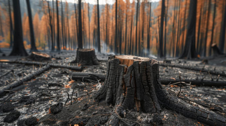 Burned tree stumps and ash-covered ground in a forest fire aftermath, illustrating the long-term ecological impact of wildfiresの素材
