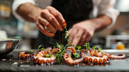Chef plating grilled squid tentacles with a drizzle of balsamic glaze and garnish of microgreens, elevating the dish to gourmet status for discerning dinersの素材