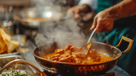 Chef preparing butter chicken curry in a traditional Indian copper pot, simmering with creamy tomato sauce and tender chicken piecesの素材