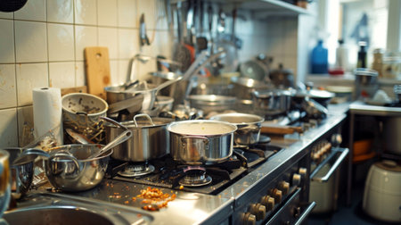 Busy home kitchen during dinner preparation, with multiple pots and pans on the stove and counter, showcasing the organized chaos of meal prepの素材