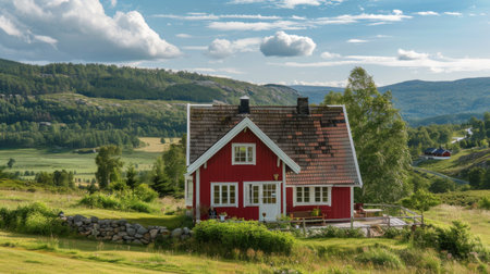 Charming Nordic farmhouse surrounded by rolling hills and meadows, with a red-painted exterior, white trim, and a picturesque setting, exuding rural tranquilityの素材