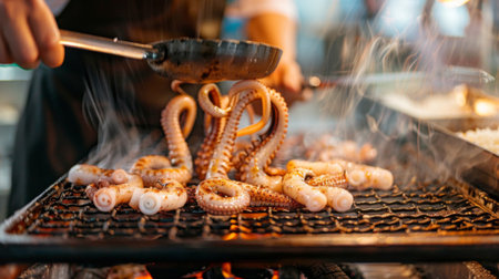 Chef flipping tender grilled squid tentacles on a hot grill, showcasing the expert technique and care required for perfect squid grillingの素材