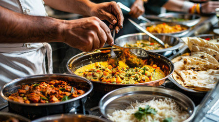 Chef plating vegetarian thali meal with an assortment of curries, dal, rice, and bread, showcasing the diverse flavors and textures of Indian cuisineの素材