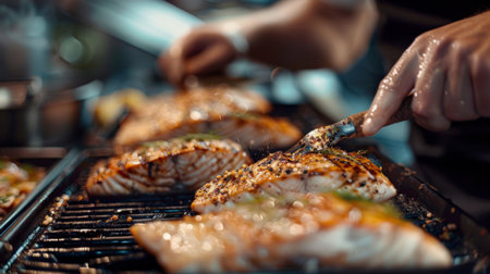 Chef basting fish fillets with marinade while grilling, adding layers of flavor and moisture to the fish for a delicious end resultの素材