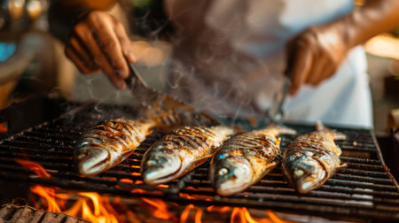 Chef preparing grilled fish on a barbecue grill, showcasing the art of outdoor cooking and the aroma of smoky flavorsの素材