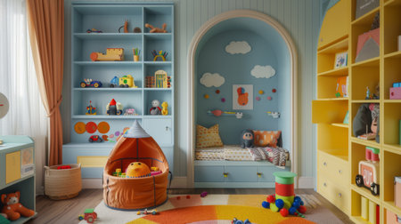 Child's bedroom with colorful decor, playful patterns, and toy-filled shelves, stimulating imagination and creativityの素材