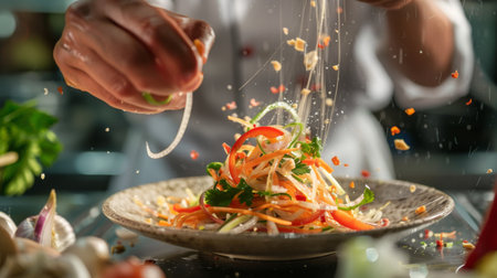 Chef tossing green papaya salad with a tangy dressing of fish sauce, lime juice, and palm sugar, highlighting the art of Thai culinary craftsmanshipの素材