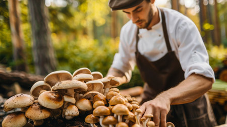 Chef selecting fresh shiitake mushrooms from logs in a kitchen garden, promoting farm-to-table cooking and sustainable sourcing of ingredientsの素材