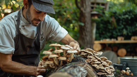 Chef selecting fresh shiitake mushrooms from logs in a kitchen garden, promoting farm-to-table cooking and sustainable sourcing of ingredientsの素材