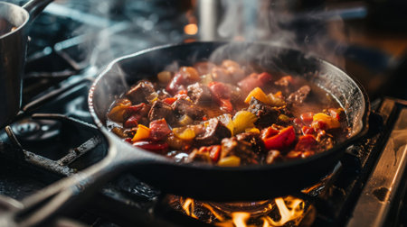 Close-up of a cast iron skillet on a stovetop, with a hearty stew bubbling inside, emphasizing the durability and versatility of cast iron cookwareの素材