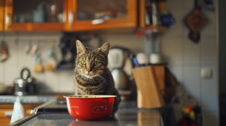 Chubby tabby cat sitting on a kitchen counter, eyeing a bowl of food with a mischievous glint. The scene captures the playful and slightly naughty nature of the catの素材