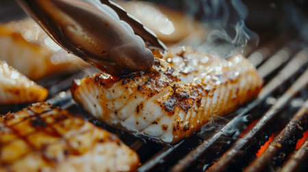 Close-up of a grilled fish fillet being flipped on the grill with tongs, highlighting the cooking process and the caramelization of flavorsの素材