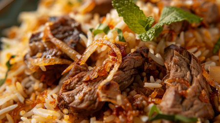 Close-up of fragrant biryani rice with tender lamb pieces, garnished with fried onions and mint leaves, a beloved Indian rice dishの素材