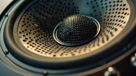 Close-up of a high-quality speaker cone, showcasing the intricate details and engineering of the audio device, emphasizing precision and craftsmanshipの素材