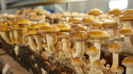 Close-up of golden shimeji mushrooms sprouting from wooden logs, showcasing the beauty and diversity of gourmet mushroom cultivationの素材