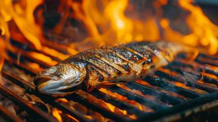 Close-up of a fish grilling on a barbecue grill, with flames licking the edges of the meat, creating a mouthwatering and aromatic dishの素材
