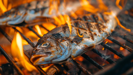 Close-up of a fish grilling on a barbecue grill, with flames licking the edges of the meat, creating a mouthwatering and aromatic dishの素材