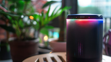 Close-up of a wireless smart speaker with a colorful LED display, set in a trendy urban apartment, showcasing modern design and tech-savvy livingの素材