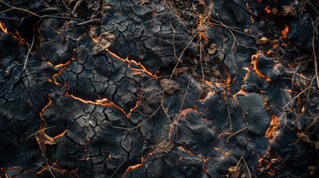 Close-up of scorched earth and burnt vegetation in a forest fire zone, demonstrating the environmental damage caused by wildfiresの素材