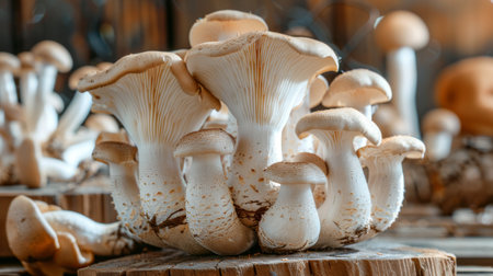 Cluster of king oyster mushrooms growing on wooden logs in a controlled environment, highlighting the versatility and culinary appeal of specialty mushroomsの素材