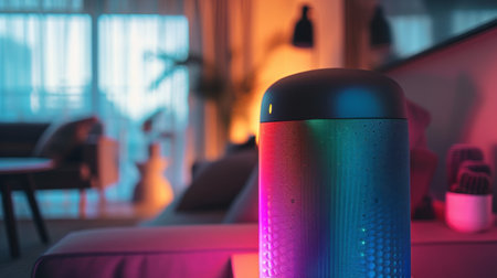Close-up of a wireless smart speaker with a colorful LED display, set in a trendy urban apartment, showcasing modern design and tech-savvy livingの素材