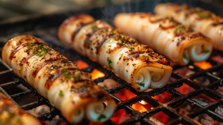 Close-up of char-grilled squid tubes on a barbecue grill, with smoky flavors permeating the tender meat, creating a mouthwatering seafood sensationの素材