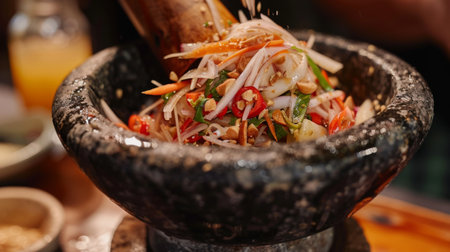 Close-up of som tam salad being pounded in a mortar and pestle, releasing aromatic flavors and textures for a truly authentic Thai dining experienceの素材