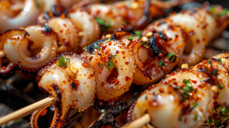Close-up of charred grilled squid tentacles on a skewer, seasoned with garlic and chili flakes, ready to be enjoyed as a savory seafood snackの素材