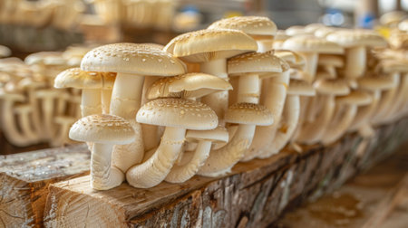 Close-up of golden shimeji mushrooms sprouting from wooden logs, showcasing the beauty and diversity of gourmet mushroom cultivationの素材