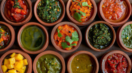 Colorful assortment of Indian pickles and chutneys, including mango pickle, mint chutney, and tamarind sauce, served in ceramic bowlsの素材