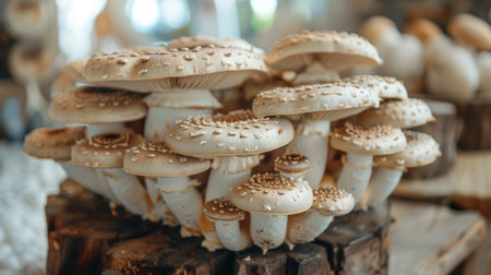 Close-up of gourmet mushrooms growing on wooden logs, showcasing organic cultivation and sustainable farming practices for fresh produceの素材