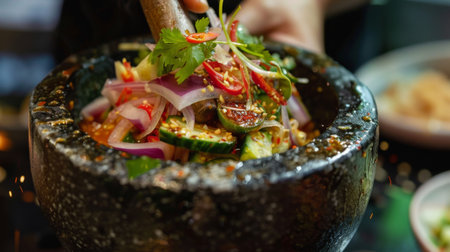 Close-up of som tam salad being pounded in a mortar and pestle, releasing aromatic flavors and textures for a truly authentic Thai dining experienceの素材