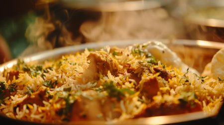 Close-up of sizzling and aromatic chicken biryani, served with raita and papadum, a fragrant and flavorful Indian rice dishの素材