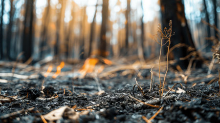 Close-up of scorched earth and burnt vegetation in a forest fire zone, demonstrating the environmental damage caused by wildfiresの素材