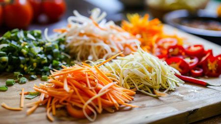 Close-up of som tam salad ingredients arranged on a wooden cutting board, including shredded green papaya, tomatoes, and Thai chili peppers, ready for preparationの素材