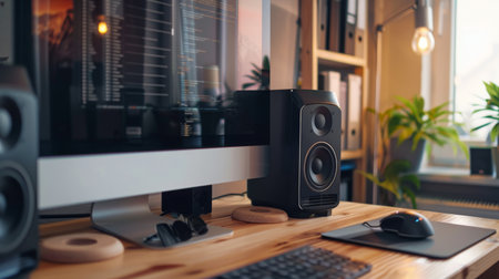 Compact desktop speakers flanking a computer monitor in a home office, emphasizing productivity and the enjoyment of high-quality audio while workingの素材