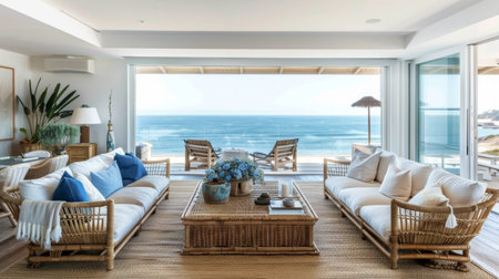 Coastal-inspired sitting room with nautical decor, wicker furniture, and ocean views, evoking the relaxed ambiance of beachside livingの素材