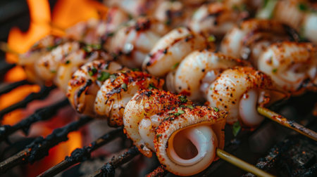 Close-up of grilled baby squid on a skewer, seasoned with Mediterranean spices and herbs, grilling to perfection over open flames for a savory appetizerの素材