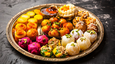 Colorful Indian dessert platter with sweets like gulab jamun, rasgulla, and jalebi, served with pistachio nuts and saffron strandsの素材