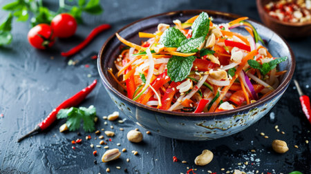 Colorful Thai papaya salad served in a ceramic bowl, garnished with peanuts and dried shrimp, a refreshing and flavorful dish for hot summer daysの素材