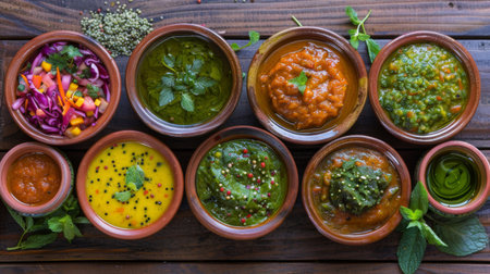 Colorful assortment of Indian pickles and chutneys, including mango pickle, mint chutney, and tamarind sauce, served in ceramic bowlsの素材