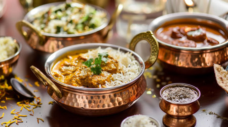 Colorful Indian curry dishes served in traditional copper bowls, showcasing the vibrant flavors and spices of Indian cuisineの素材