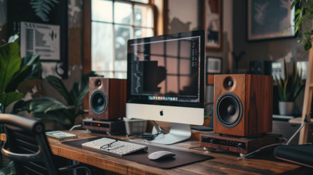 Compact desktop speakers flanking a computer monitor in a home office, emphasizing productivity and the enjoyment of high-quality audio while workingの素材
