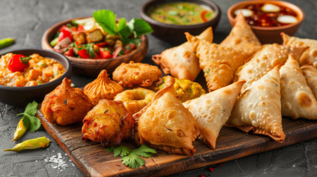 Colorful assortment of Indian street food snacks, including samosas, pakoras, and chaat, served on a rustic wooden platterの素材