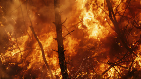 Close-up of flames engulfing trees in a forest fire, showing the rapid spread and intensity of wildfire flamesの素材